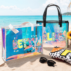 Personalised Floral Letter Holographic Clear Tote Bag with Name Daily Use Mother's Day Beach Vacation Gift for Mom Woman Girl