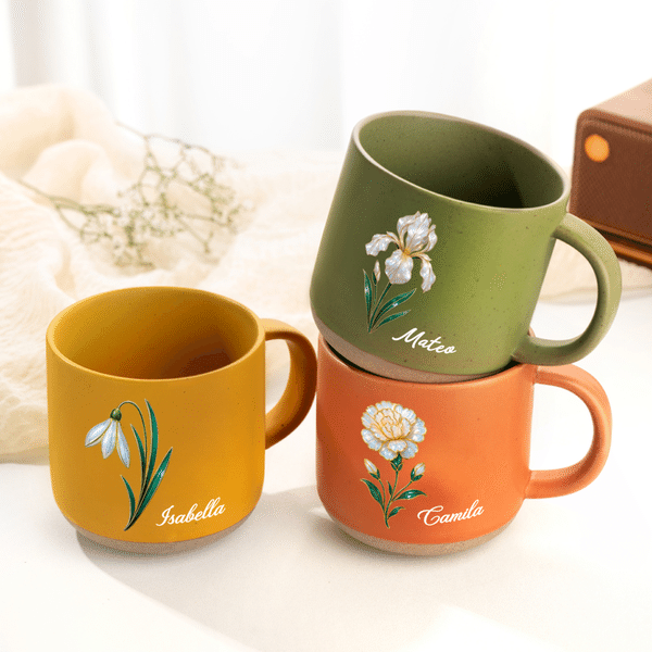 Personalised Pearl Effect Birth Flower 12 oz Ceramic Coffee Mug with Handle and Name Daily Use Birthday Mother's Day Gift for Women
