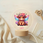 Personalised Highland Cow Birth Flower LED Round Night Light with Wooden Base and Name Room Decor Birthday Gift for Girl
