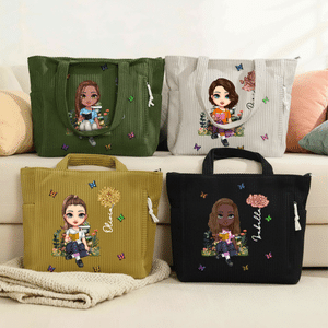 Sac en velours côtelé personnalisé avec personnage fleur de naissance et nom - Cadeau d'usage quotidien voyage pour les amoureux de lecture