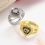 Personalizado Zircon Heart Birthstone Sterling Silver Ring con nombre grabado Año y texto Cumpleaños Aniversario Graduación Regalo para graduados