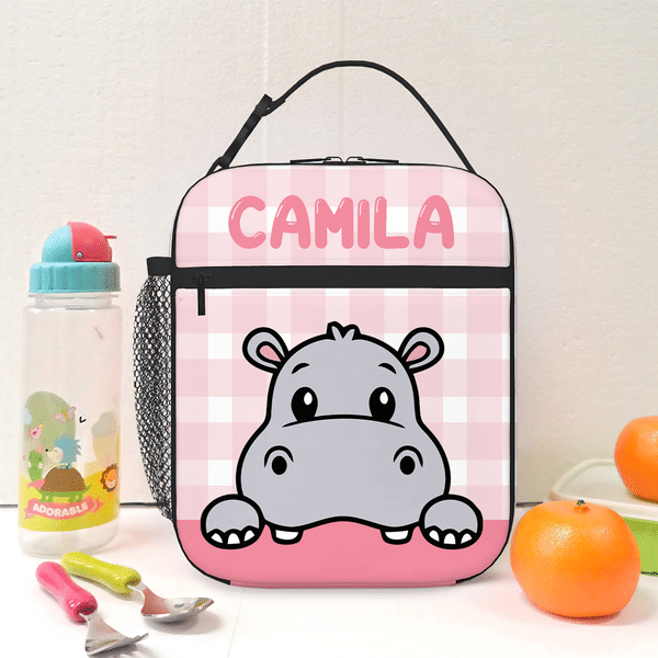 Personalised Cartoon Animals Plaid Insulated Lunch Bag with Name Portable Travel Picnic Use Back to School Gift for Kids Students