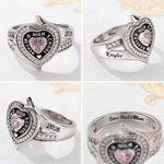 Personalizado Zircon Heart Birthstone Sterling Silver Ring con nombre grabado Año y texto Cumpleaños Aniversario Graduación Regalo para graduados