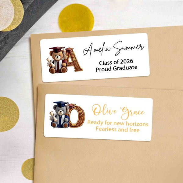 Gorro de Graduación Personalizado Oso Inicial Impermeable Etiquetas Adhesivas con Nombre y Texto DIY Decoración Fiesta de Graduación Favor para Graduados