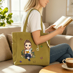 Personalized Cartoon Reading Character Birth Flower Large Capacity Corduroy Tote Bag with Name Travel Essential Birthday Gift for Book Lover Bookworm