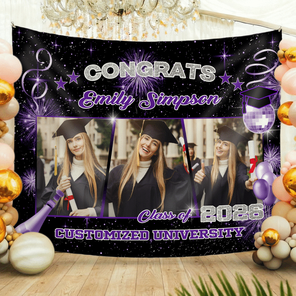Personalized Congrats 3 Graduation Photos Multicolour Banner with Name Year and School Name Party Backdrop Decor Graduation Gift for Graduates