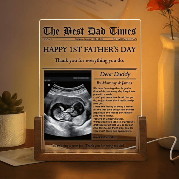Personalised The New York Times Style Photo LED Night Light with Wooden Base Name Text Home Bedroom Decor Father's Day Gift for Dad
