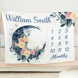 Personalised Moon Flower Soft Throw Blanket with Name Home Decor Baby Shower Birthday Gift for Newborn New Mom