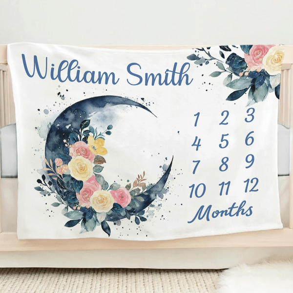 Personalised Moon Flower Soft Throw Blanket with Name Home Decor Baby Shower Birthday Gift for Newborn New Mom