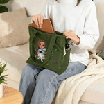 Personalized Cartoon Reading Character Birth Flower Large Capacity Corduroy Tote Bag with Name Travel Essential Birthday Gift for Book Lover Bookworm
