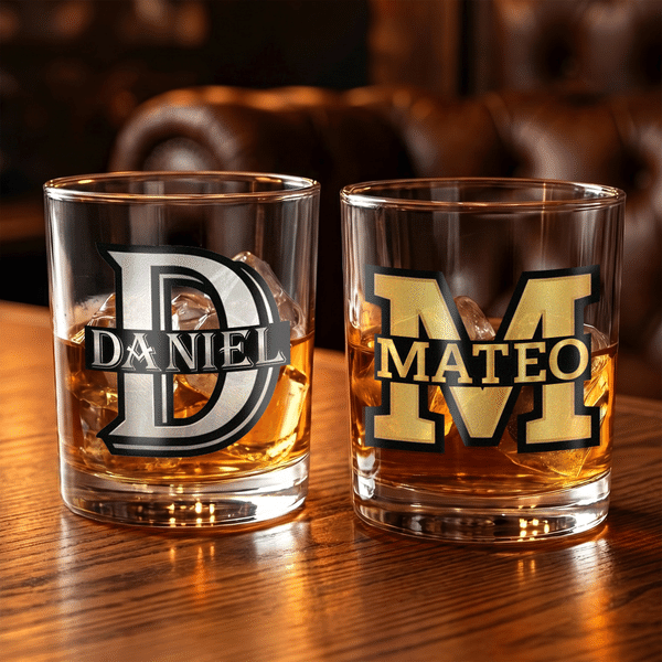 Personalised Classic Metallic Colour Initial 10 oz Old Fashioned Rock Whiskey Glass with Name Father's Day Birthday Gift for Dad Man Whiskey Enthusiast
