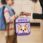 Personalised Cartoon Animals Plaid Insulated Lunch Bag with Name Portable Travel Picnic Use Back to School Gift for Kids Students