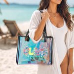 Personlig Floral Letter Holografisk Clear Tote Bag med namn Daglig användning Mors dag Strand Semestergåva för mamma Kvinna Flicka