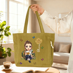 Personalized Cartoon Reading Character Birth Flower Large Capacity Corduroy Tote Bag with Name Travel Essential Birthday Gift for Book Lover Bookworm