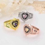 Personalizado Zircon Heart Birthstone Sterling Silver Ring con nombre grabado Año y texto Cumpleaños Aniversario Graduación Regalo para graduados
