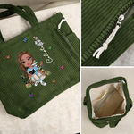 Personalized Cartoon Reading Character Birth Flower Large Capacity Corduroy Tote Bag with Name Travel Essential Birthday Gift for Book Lover Bookworm