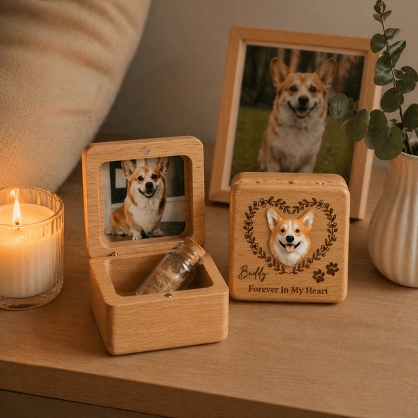 Boîte de rangement en bois personnalisée en 3D avec texte gravé sur le nom de l'animal et bouteille en verre Cadeau commémoratif d'anniversaire et de sympathie pour la perte d'un animal de compagnie