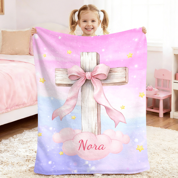 Personalised Bow Cross Soft Throw Blanket with Name Home Decor Baptism Birthday Gift for Kids