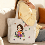 Personalized Cartoon Reading Character Birth Flower Large Capacity Corduroy Tote Bag with Name Travel Essential Birthday Gift for Book Lover Bookworm
