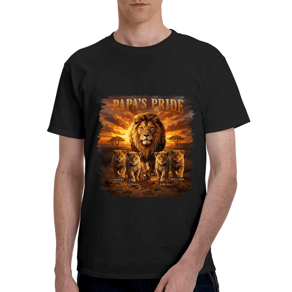 Personalized Lion Dad & Lion Kids Pattern 100% Cotton T-shirt with 1-8 Names and Text Father's Day Gift for Father Husband