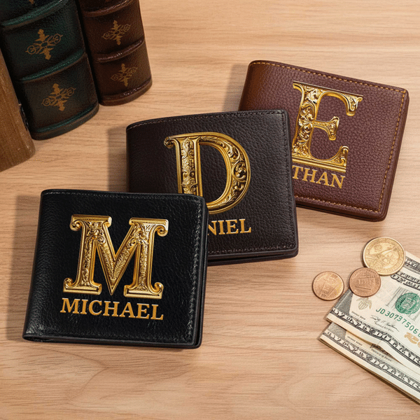 Personalized Gold Name and Initial Design Men's PU Leather Wallet Father's Day Anniversary Birthday Gift for Boyfriend Husband Dad