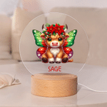 Personalised Highland Cow Birth Flower LED Round Night Light with Wooden Base and Name Room Decor Birthday Gift for Girl