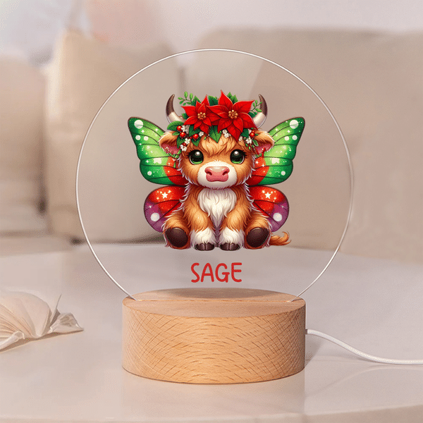 Personalised Highland Cow Birth Flower LED Round Night Light with Wooden Base and Name Room Decor Birthday Gift for Girl