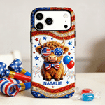 Personalised American Highland Cow Design Phone Case for iphone with Name American Independence Day Gift for Americans