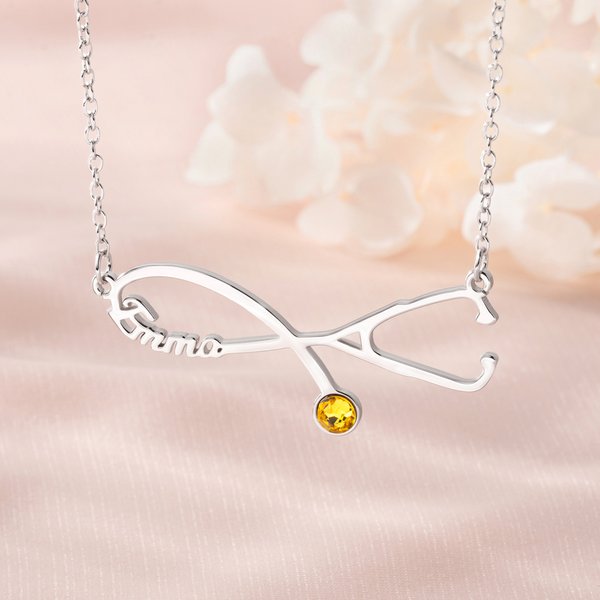 Personalised Exquisite Stethoscope Birthstone Necklace with Name Dainty Jewellery Graduation Birthday Gift for Medical Staff Graduate