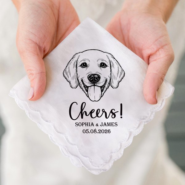 Personalized Line Art Style Pet Photo 100% Cotton Wedding Handkerchief with Name and Date Wedding Party Gift for Bride Bridesmaid