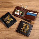 Personalized Gold Name and Initial Design Men's PU Leather Wallet Father's Day Anniversary Birthday Gift for Boyfriend Husband Dad