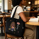 Personalized Cartoon Reading Character Birth Flower Large Capacity Corduroy Tote Bag with Name Travel Essential Birthday Gift for Book Lover Bookworm