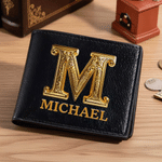 Personalized Gold Name and Initial Design Men's PU Leather Wallet Father's Day Anniversary Birthday Gift for Boyfriend Husband Dad