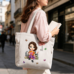 Personalized Cartoon Reading Character Birth Flower Large Capacity Corduroy Tote Bag with Name Travel Essential Birthday Gift for Book Lover Bookworm