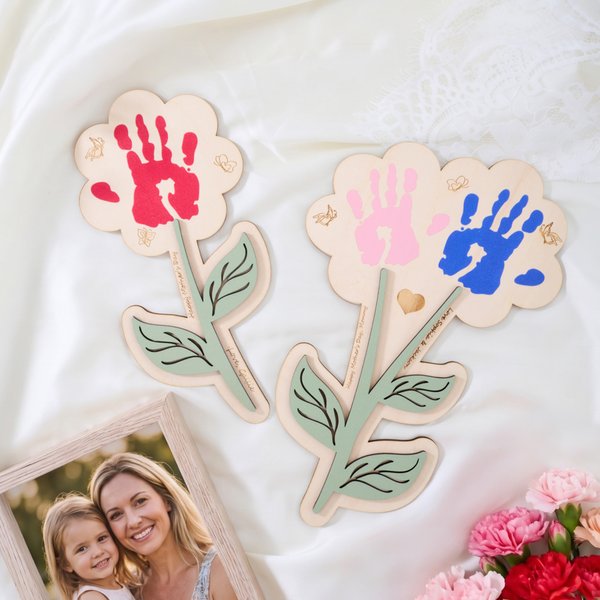 Personlig 1-2 Blomma Handavtryck Träskylt med namn och text Födelsedag Mors dag Present till mamma Kvinnor