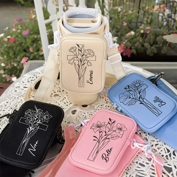 Personalized Cross Birth Flower Water Bottle Carrier Bag with Pouch Adjustable Strap Accessory for Stanley Tumbler Birthday Gift for Woman Christian