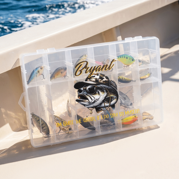 Personalized Cartoon Fish Clear Fishing Tackle Storage Box with Name Birthday Daily Use Father's Day Gift for Fishing Lovers Anglers