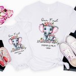 Personalised Elephant Mom Baby 100% Cotton T-shirt Baby Bodysuit with Name and Year Matching Outfit 1st Mother's Day Gift for New Mom