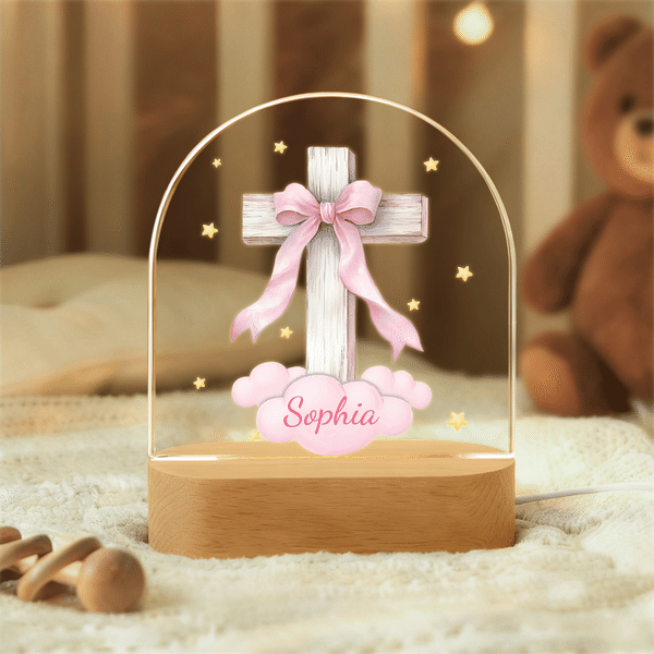 Luce notturna in acrilico con nome, personalizzata con fiocco, croce, stella, nuvola, decorazione della stanza dei bambini, regalo di battesimo per bambini.