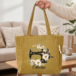 Personalized Birth Flower Sewing Machine Large Capacity Corduroy Tote Bag with Name and Zipper Daily Use Birthday Gift for Wife Woman Sewing Lover