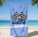 Henkilökohtainen Cartoon Racing Kid Face Photo Character Quick Dry ylisuuri rantapyyhe nimi Travel Essentials kesäloma lahja pojille tytöille