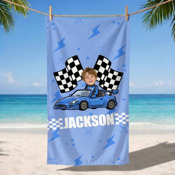 Personalised Cartoon Racing Kid Face Photo Character Quick Dry Oversized Beach Towel with Name Travel Essentials Summer Holiday Gift for Boys Girls