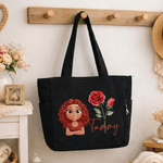 Personalized Cute 3D Cartoon Character Large Corduroy Tote Bag with Birth Flower and Name Daily Use Birthday Gift for Women