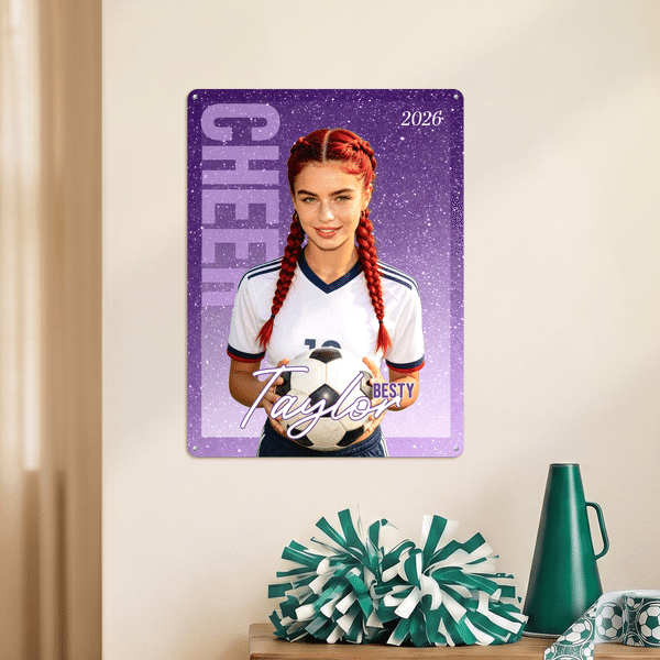 Personalised Glitter Cheerleading Girl Photo Tinplate Painting with Name and Year Home Decor Birthday Game Day Gift for Cheerleaders