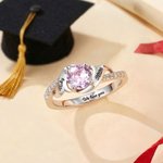 Personalised Birthstone Sterling Silver Ring with Engraved Name Year and Text Birthday Anniversary Graduation Gift for Graduates