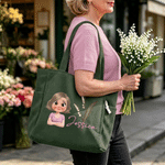 Personalized Cute 3D Cartoon Character Large Corduroy Tote Bag with Birth Flower and Name Daily Use Birthday Gift for Women