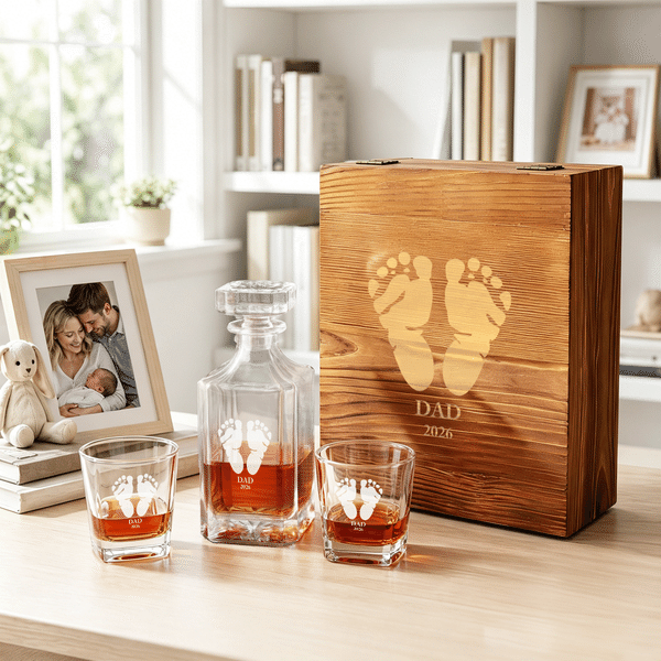 Personalisierte Baby Fußabdruck Whiskey Dekanter mit Text und Datum Geburtstag Jahrestag Vatertag Geschenk für Männer Freunde
