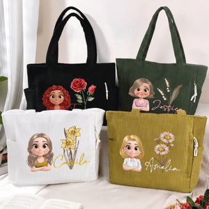 Personalised Cute 3D Cartoon Character Large Corduroy Tote Bag with Birth Flower and Name Daily Use Birthday Gift for Women