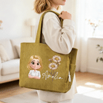 Personalized Cute 3D Cartoon Character Large Corduroy Tote Bag with Birth Flower and Name Daily Use Birthday Gift for Women