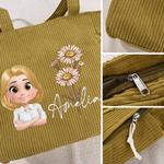 Personalized Cute 3D Cartoon Character Large Corduroy Tote Bag with Birth Flower and Name Daily Use Birthday Gift for Women